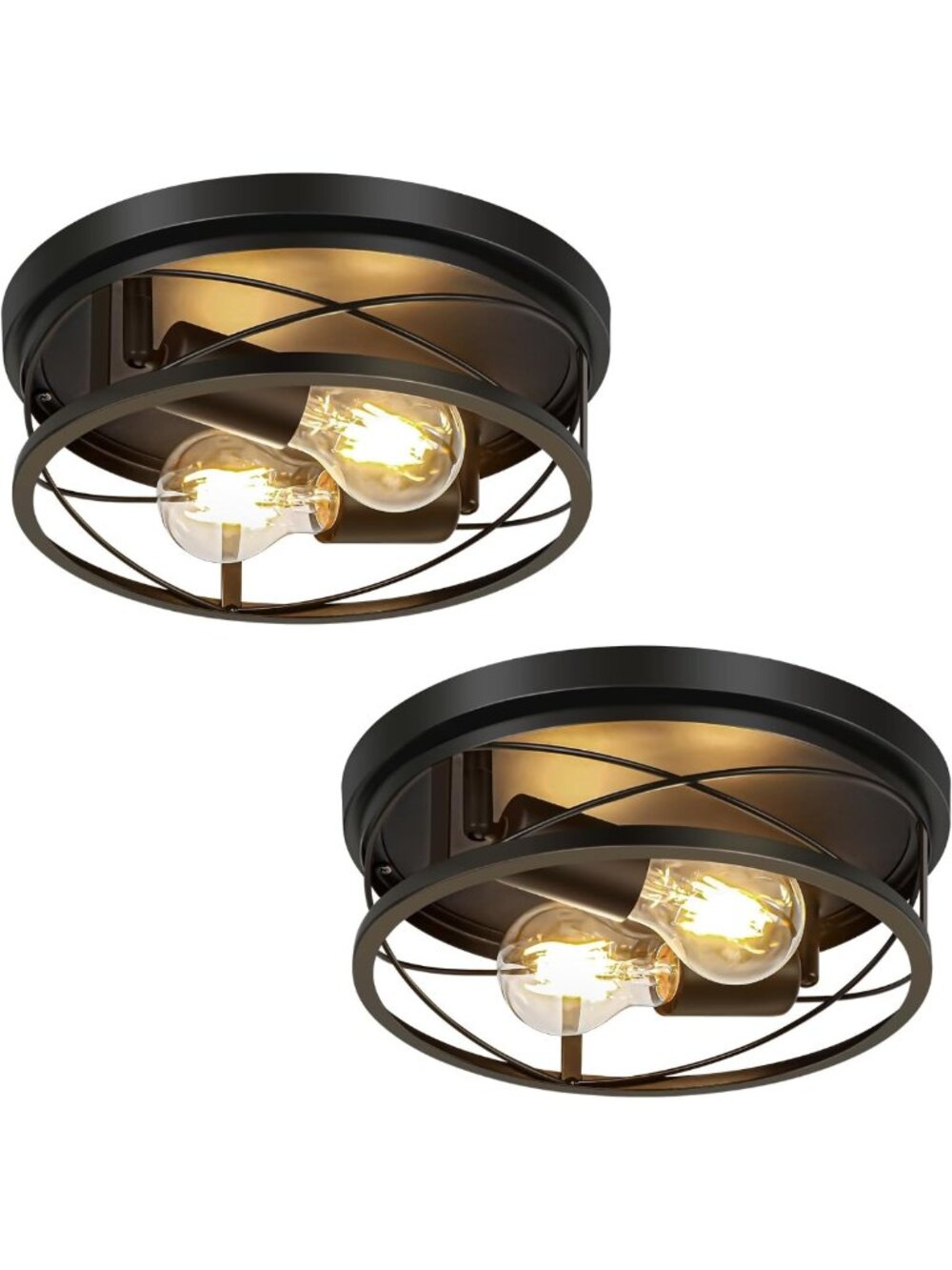 Industrial Black Flush Mount Ceiling Lights - 2 Pack Round Metal Hallway